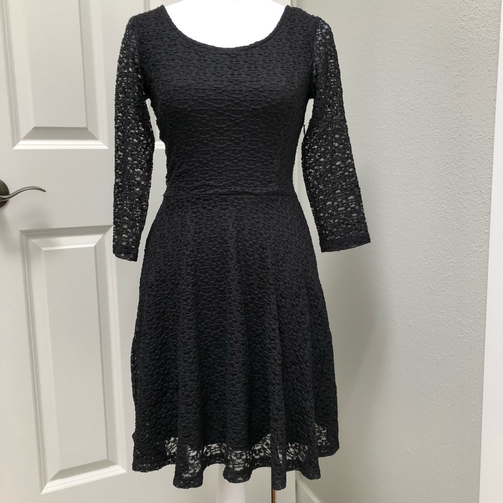 LUSH 3/4 SLEEVE LACE OVERLAY KNEE LENGTH DRESS BLACK XS
